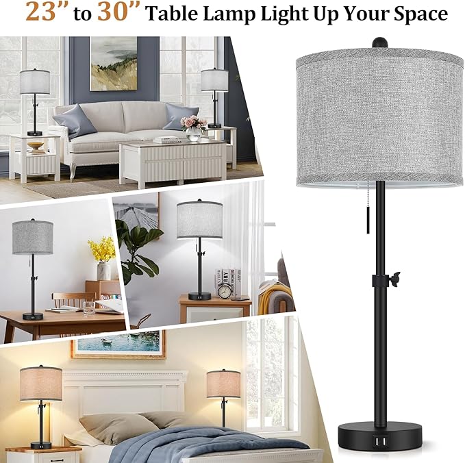 Table Lamps for Bedroom Set of 2, 23''-30'' Adjustable Height Bedside Lamps with 2 USB Ports, Black Nightstand Lamps with Grey Linen Shade, Modern Stylish Living Room Lamp Set with Pull Chain