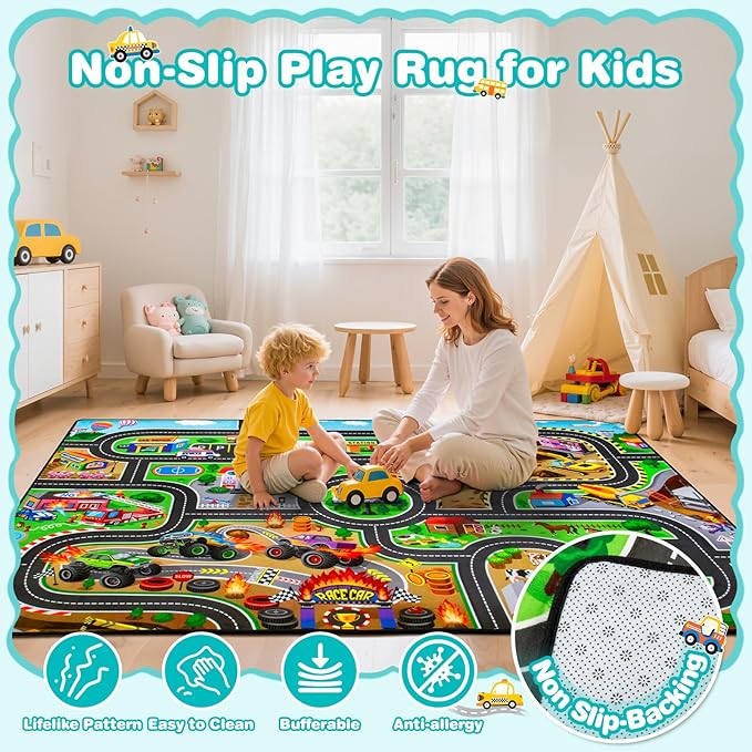 Kids Rug, 4x6 Ft Non-Slip Monster Truck Play Rug, Extra Thick (0.4in), Educational LearningTraffic Road Car Carpet for Nursery, Classroom, Playroom & Bedroom