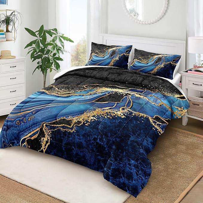 Black Gold Comforter Set Queen Size Blue Marble Bedding Comforter Ocean Blue River Marble Abstract Bedding Watercolor Glitter Comforter Set with 2 Modern Pillowcases