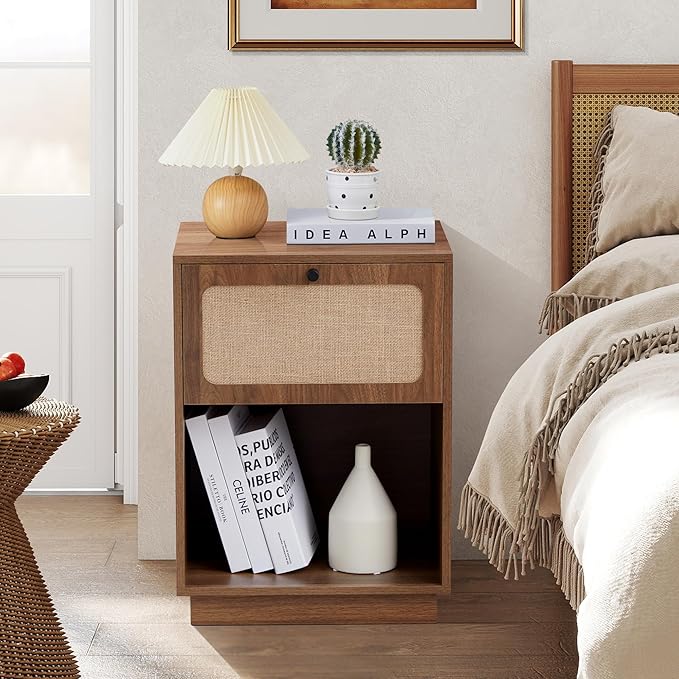 AVZEAR Mid Century Night Stand with Drawer, Farmhouse End Table with Storage & Curved Linen Panel, Modern Nightstands Bedside Table Small Side Tables for Small Space, Bedroom(Walnut)