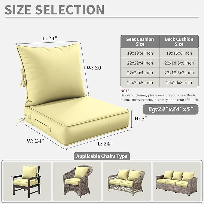 Premium Outdoor Seat Cushion Chair Cushions for Patio Furniture 24 L X 24 W X 5 H Waterproof & Fade Resistant Deep Seat and Backrest Cushion Set with Removable Covers for Chair, Sofa