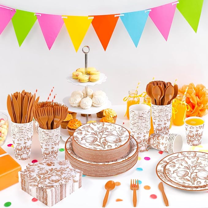 400 Pieces Fall Vintage Pomegranate Disposable Party Tableware Sets Including Orange Floral Plates Cups Napkins Cutlery Serves 50 for Thanksgiving Wedding Baby Shower Party Decorations