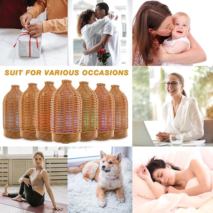 Essential Oil Diffuser - Multifunction Aromatherapy Diffuser 7 LED Color Changing Light 100ML Rattan Diffuser Easy to Clean Suitable for Home,Office (Tan)