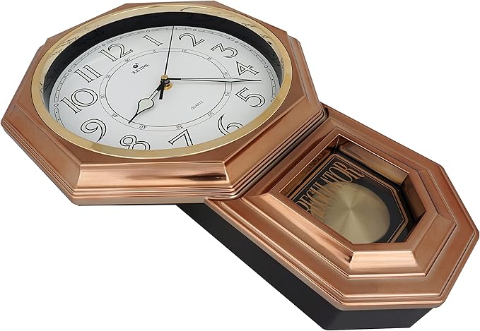 JUSTIME Traditional Schoolhouse Luminious Arabic Regulator Wall Clock, Chiming Wall Clocks with Pendulum & Westminster Chime Hourly, Schoolhouse Wall Decor Battery Operated (Vintage Copper)