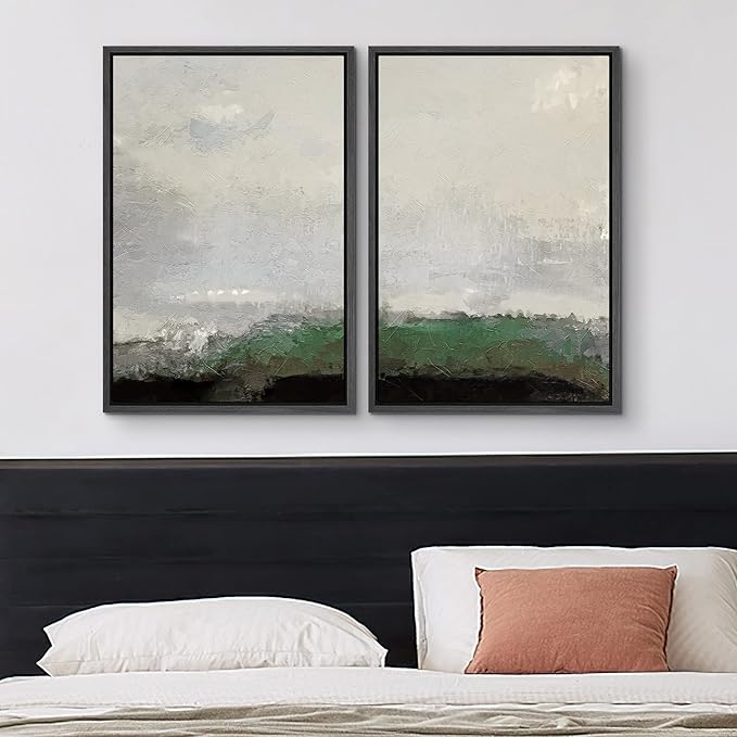 MUDECOR Framed Canvas Print Wall Art Set Watercolor Pastel Green Gray Landscape Abstract Shapes Illustrations Modern Art Decorative Contemporary for Living Room, Bedroom, Office - 16"x24"x2 Black