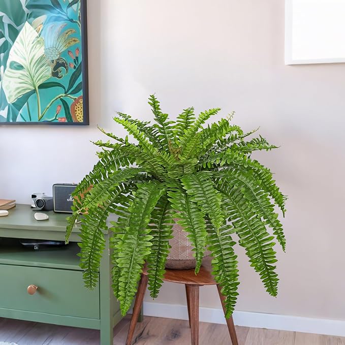 Artificial Fern Plants in Pot 34.6" Large Artificial Boston Fern 39 Leaves for Outdoors & Indoor Faux Potted Plant Fake Ferns Bush Plant for Patio Garden Farmhouse Porch Home Decor Green