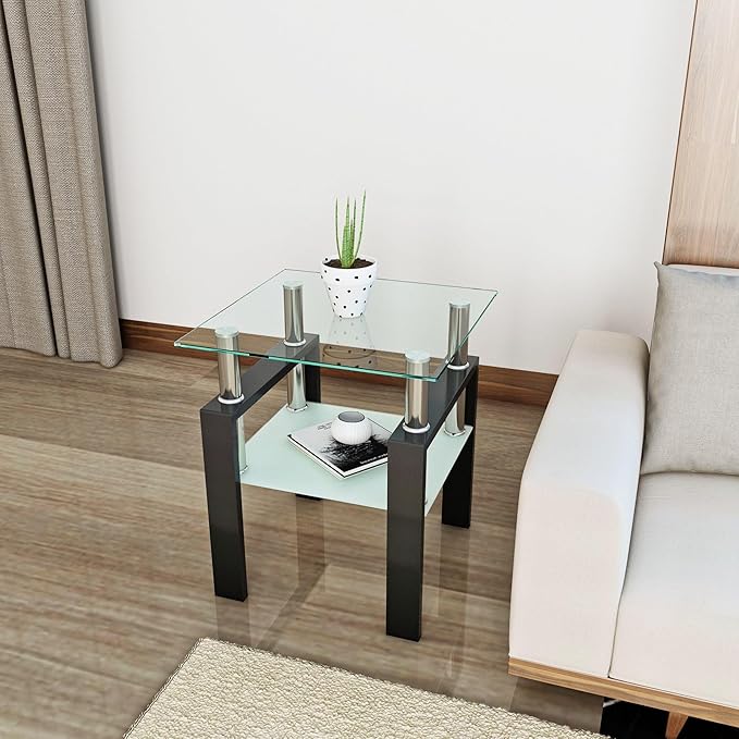 IANIYA Modern Glass End Table, 2-Tier Side Table with Tempered Glass Top & Metal Legs, Night Stand Corner Table for Living Room, Bedroom