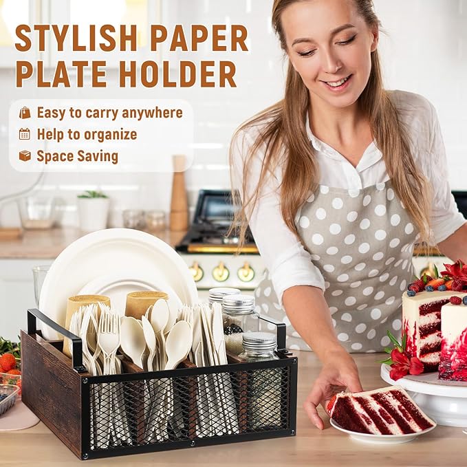 Wooden Paper Plate Dispenser Utensil Holder Kitchen Counter Cutlery Flatware Organizer for Party Utensil Caddy Paper Plate Holder for Cups Spoons Forks Napkins, Kitchen Accessories