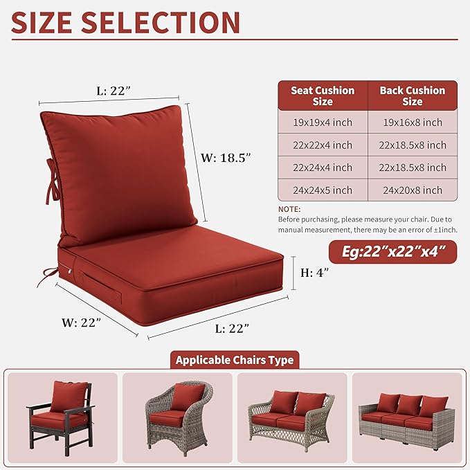 Premium Outdoor Seat Cushion Chair Cushions for Patio Furniture 22 L X 22 W X 4 H Waterproof & Fade Resistant Deep Seat and Backrest Cushion Set with Removable Covers for Chair, Sofa