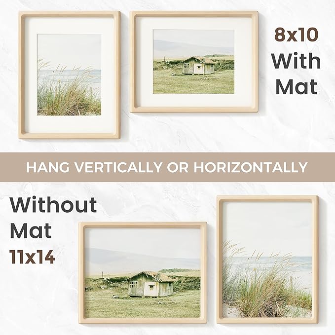 11x14 Picture Frame Set of 2, USA-Sourced Maple Wood Photo Frame with Tempered Glass, Handcrafted Rounded Corner 11 x 14 Wooden Frame Matted to 8x10 Photos