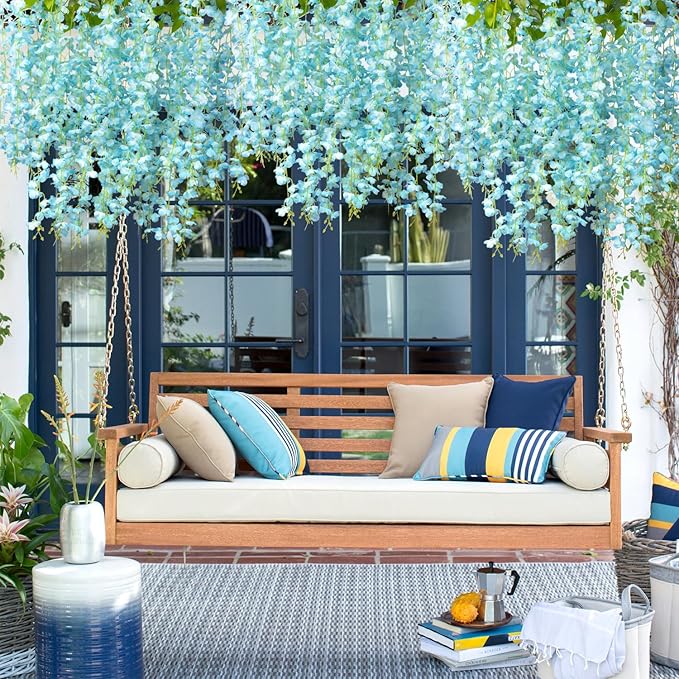 24 Pack Artificial Fake Wisteria Vine Ratta (3.75 Feet) Hanging Garland Silk Flowers String Home Party Wedding Decor (Sky Blue)