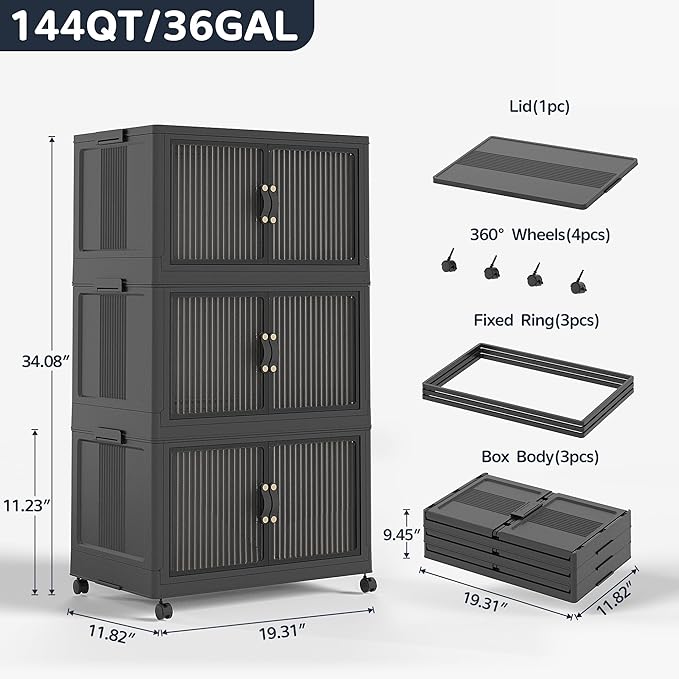 JONZEN 144Qt Stackable Storage Bins with Lid, 36GAL Collapsible Bins with Wheels, Closet Organizer and Storage Drawer, Plastic Clothes Storage Cabinet Containers for Home Garage, 3Pack Black