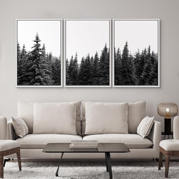 SIGNWIN 3 Piece Framed Canvas Wall Art Woodland Nursery Decor Black and White Forest Photo Nature Illustrations Abstract Traditional Home Artwork Decoration for Living Room,Bedroom - 16"x24"x3 White
