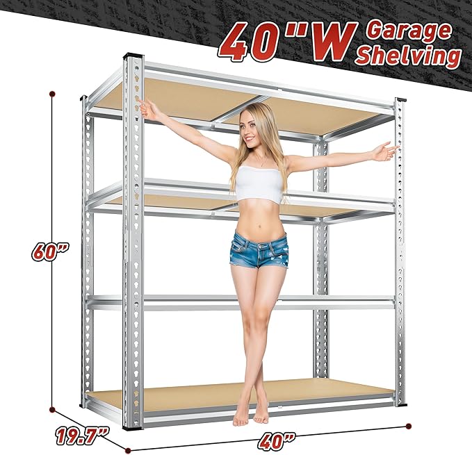 REIBII 40" W Garage Shelving 2000LBS Storage Shelves Adjustable Metal Shelving 4 Tier Pantry Shelves for Garage Closet Kitchen Basement 40" W x 19.7''D x 60''H, Silver
