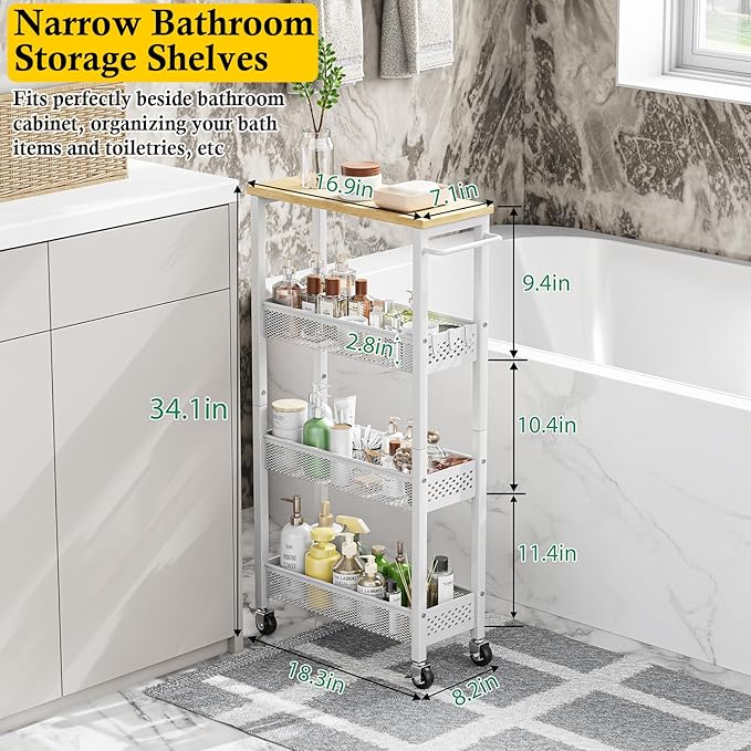 Utility Slim Storage Cart, 4 Tier Small Rolling Kitchen Laundry Room Cart with Wood Top, Metal Narrow Bathroom Storage Cabinet Mobile Shelf Unit Organizer Trolley with Handle for Narrow Space