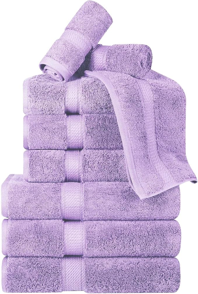 BNM Egyptian Cotton Heavyweight Towels, Ideal For Bathroom, Shower, Spa, Hotel, 800 GSM, Face/ Washcloths, Hand Towels, Bath Towels, Highly-Absorbent, Luxury Home Basics, 9 Piece Towel Set, Purple