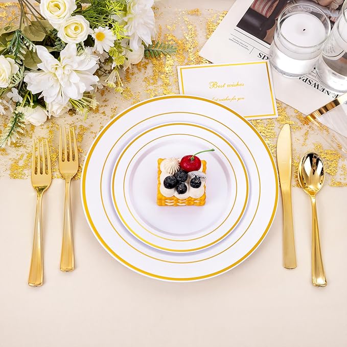 bUCLA 300PCS Gold Disposable Dinnerware Set - White and Gold Plastic Plates 50 Guests - Include 50 Dinner Plates,50 Dessert Plates,50 Knives,50 Forks,50 Spoons,50 Cups for Party, Fall & Thanksgiving