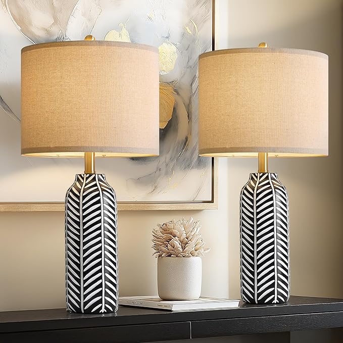 BOBOMOMO 26" Farmhouse Black Table Lamps Set of 2 – Rustic Resin Lamps with Vintage Leaf Pattern and Linen Shades, Black Bedside Lamps for Bedroom, Living Room, Office, Entryway, Console Table