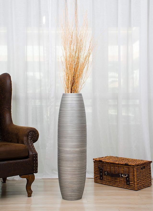 Leewadee Large Silver Home Decor Floor Vase – Wooden 34 inches Tall Farmhouse Decor Flower Holder for Fake Plant and Pampas Grass