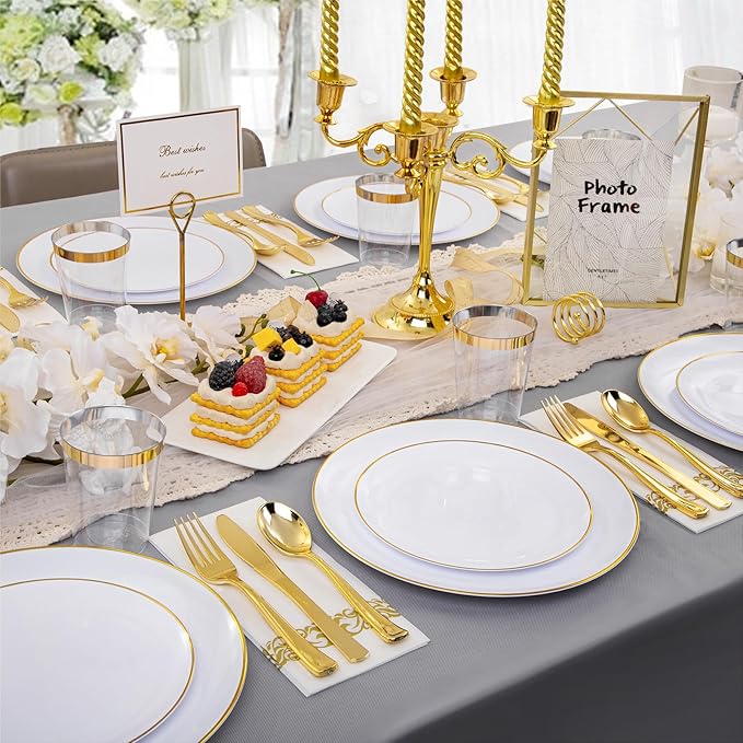 Supernal 350pcs White and Gold Plastic Plates,Gold Plastic Dinnerware for 50 Guests Include 100 White Disposable Plate, 150 Gold Silverware Set, 50 Disposable Cups, 50 Napkins