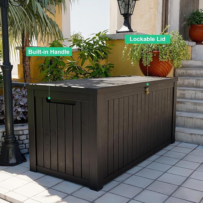 ROJIK Outdoor Storage Housing Deck Box - Waterproof Patio Furniture, Garden Tools, Cushions, Pool Accessories Storage Bench with Lockable Lid and Side Handles (Black, 180 Gal)