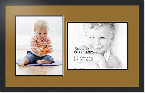 ArtToFrames Collage Photo Frame Double Mat with 2-11x14 Openings with Satin Black Frame and El Dorado mat.