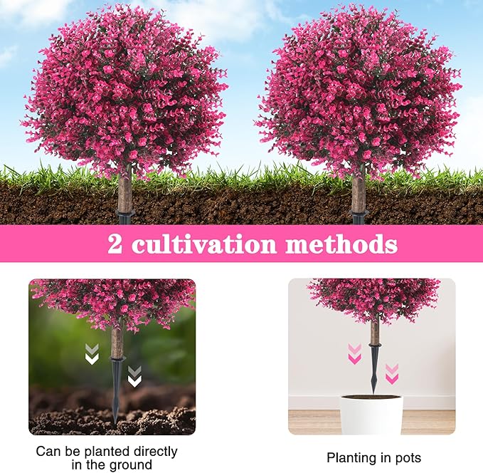 Set of 2 Pack Large Artificial Rose Boxwood Topiary Ball Tree, 24.8" Tall Outdoor Simulated Bushes UV Resistant with Ground Spike, Faux Rose Plants for Outside, Front Porch, Home Garden Decor