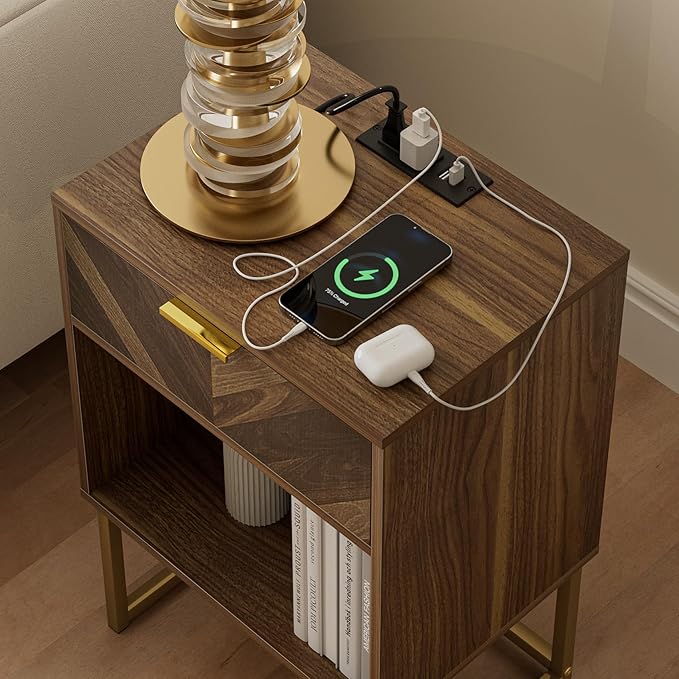 Masupu Nightstand with Charging Station,Modern Night Stand Boho Farmhouse Wood Bedside Table with Storage Drawer Side End Table for Bedroom,Living Room,Office,Walnut Brown with Outlet