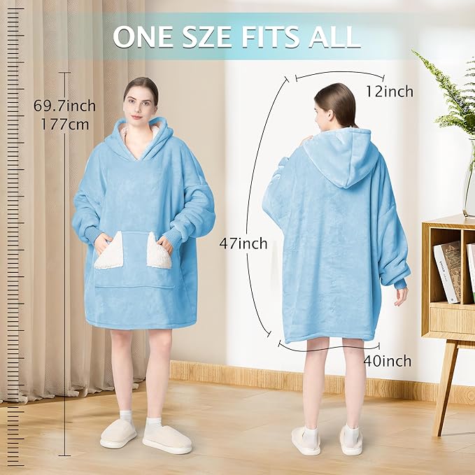 Touchat Wearable Blanket Hoodie, Oversized Sherpa Blanket Sweatshirt with Hood Pocket and Sleeves, Gifts Hooded Blanket for Adult Women Men (DustyBlue)