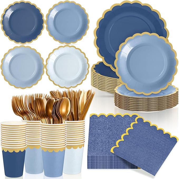 169 Pcs Dusty Blue Plates and Napkins Party Supplies for Guests Blue Tableware Include Scalloped Plates Paper Napkin Cup Spoon Fork Knife for Baby Shower, Wedding, Birthday