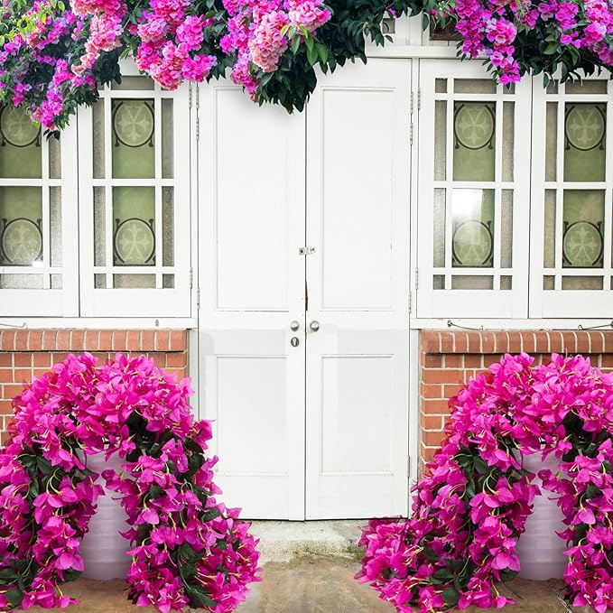 4 Pcs Artificial Faux Bougainvillea Flowers Plants Hanging Flowers Plants for Outdoor Decoration Fake Silk UV Resistant Long Trailing Vines for Front Door Porch Planter Balcony(Purple)