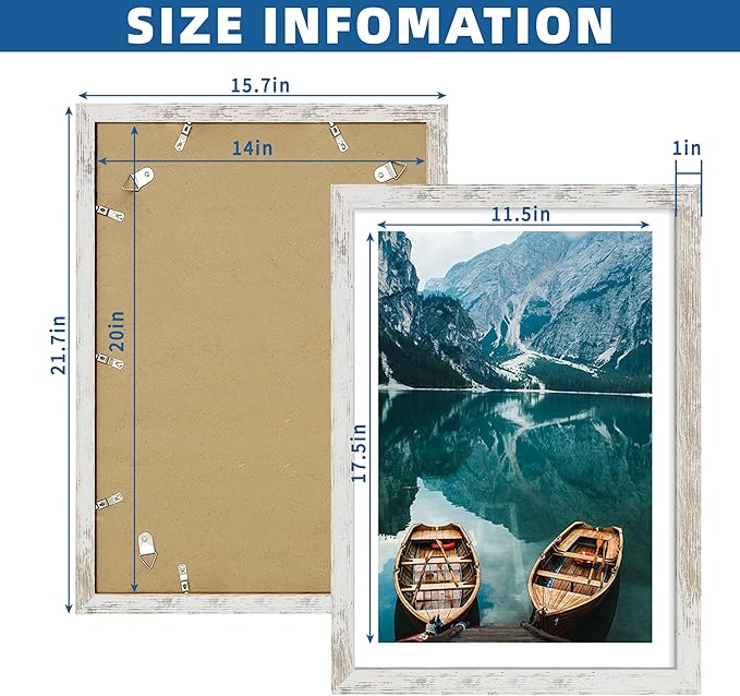 14x20 Picture Frame Set of 2, Distressed White Wood Style - Display 14 x 20 Picture without Mat or 12x18 Picture with Mat, Wall Mounting Horizontal and Vertical