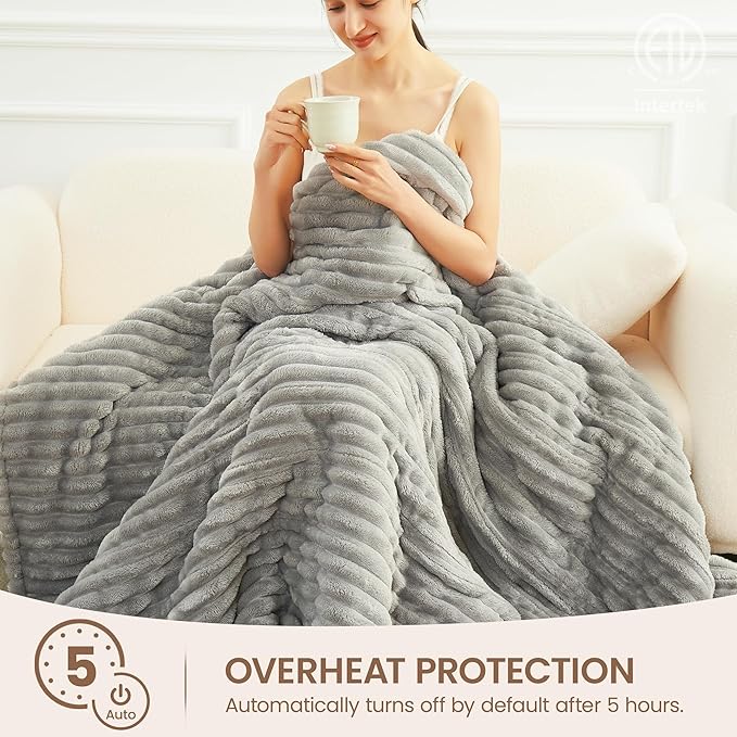 Heated Blanket Electric Blanket 62"x84", Soft Flannel Sherpa Electric Throw with 5 Heating Level & 1-12 Hour Auto Off, Heated Throw with Overheating Protection, Machine Washable(Light Grey)