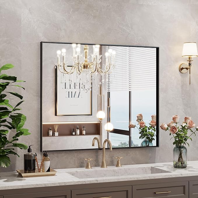 DENRICK Black Framed Mirror for Bathroom 48 x 30 Inch Matte Black Bathroom Mirrors, Mirror, Metal Farmhouse Mirrors (Horizontal/Vertical)