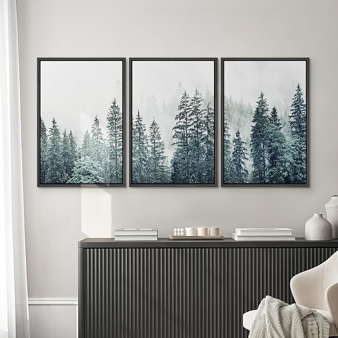 SIGNWIN Framed Canvas Print Wall Art Woodland Nursery Decor Set Film Grain Misty Mountain Pine Trees Nature Wilderness Modern Art Chic Landscape for Living Room, Bedroom, Office - 24"x36"x3 Black