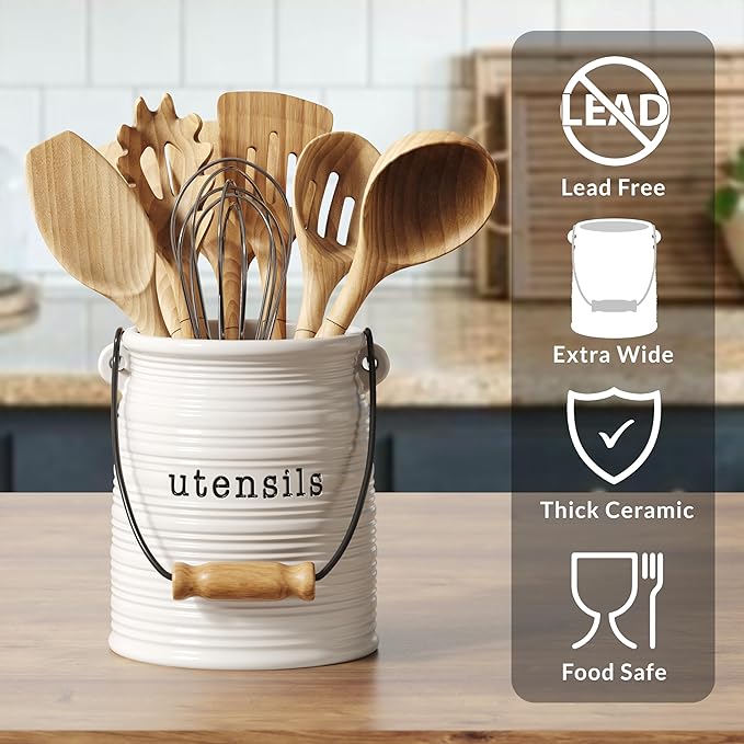 Barnyard Designs Ceramic Farmhouse Kitchen Utensil Holder for Countertop, Decorative Kitchen Utensil Crock for Counter, Spatula Holder, 6" White