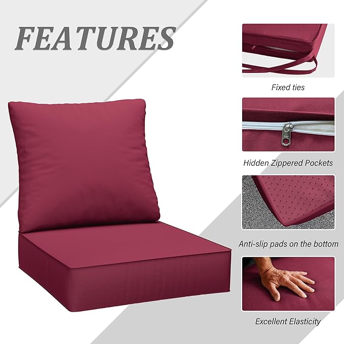 Outdoor Seat Cushion Set 24 x 24 x6.5 Inch Splash-Proof & Fade Resistant Patio Furniture Cushions with Removable Cover Deep Seat & Back Cushion with Straps for Chair Sofa Couch