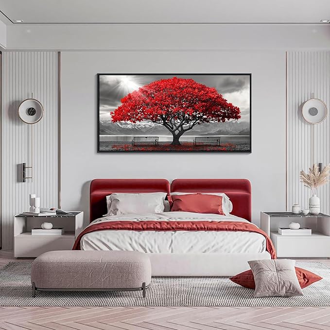 AJAZIKO Red Wall Art - Modern Framed Wall Art for Living Room - Red Tree Black and White Landscape Canvas Prints Posters & Prints for Home Office Bedroom Decorations - Large Wall Pictures 29×58IN