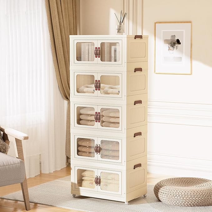 Stackable Storage Bins, Folding Storage Bins with Lids and Doors, Open Front Folding Storage Box with Wheels Plastic Storage Containers (5 Tier (Side Windows Not Visible), 30 Qt)