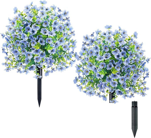 Front Porch Decor Artificial Flower Tree 2Pcs Blue - Realistic Faux Flowers for Outdoor Planters with Ground Spike, Indoor Staircase Landings or Outdoor Porch Decor