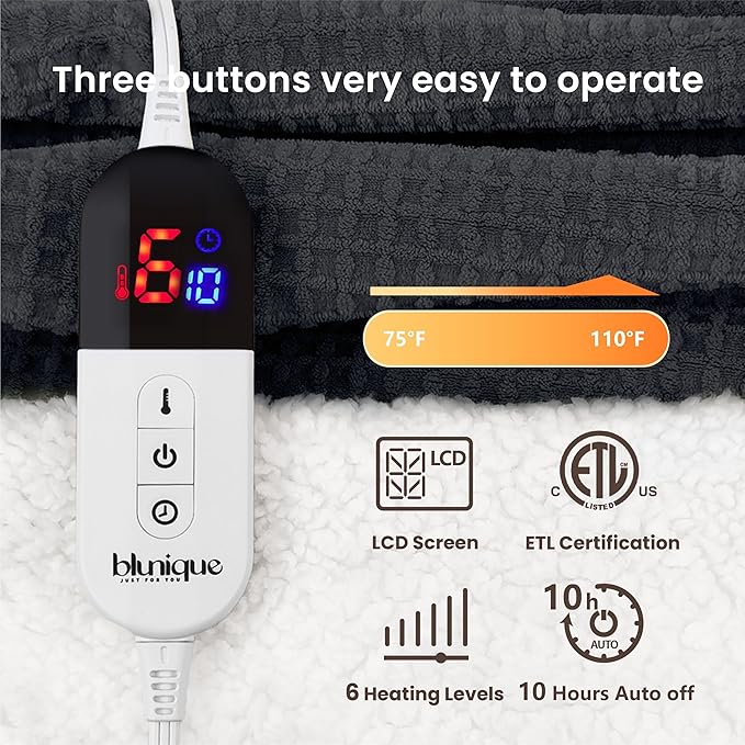 Heated Blanket Electric Blanket Full Waffle,72x84 Inches Sherpa Fleece Fast Heating Blanket 6 Heating Levels & 10 Hours Auto Off ETL Certification,Charcoal Full