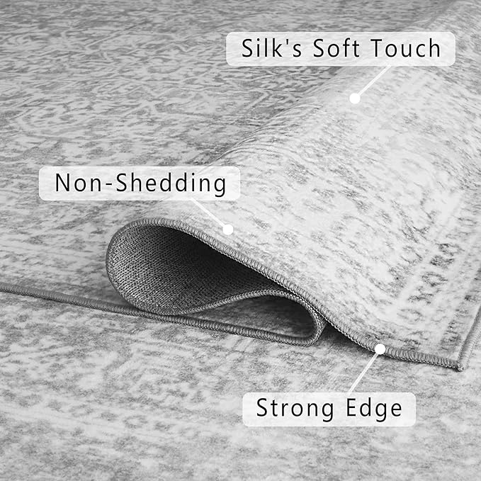 vivorug Runner Rug 2x10 Machine Washable Rug with Non-Slip Backing, Ideal for Kitchen Hallway Entryway Laundry Room - Vintage, Durable, Easy Clean, Low Pile Carpet Runner, Ivory/Silver