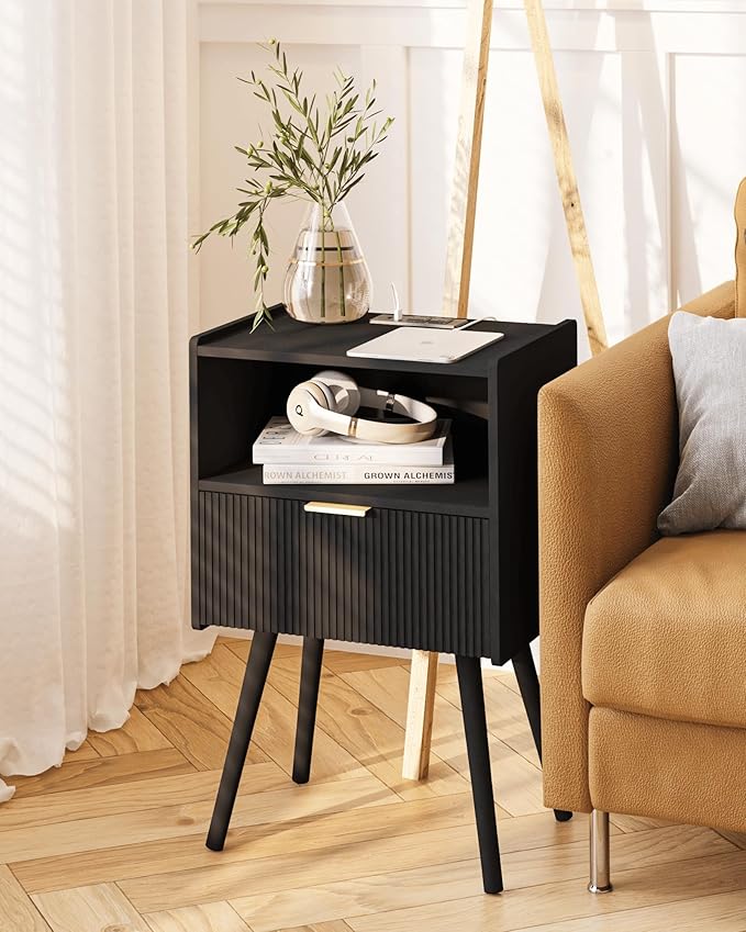 Black Nightstand with Outlet,Modern Bedside Table with Storage Drawer and Open Wood Shelf, for Living Room, Bedroom and Small Spaces, Accent Night Stand with Solid Wood Legs, Easy Assembly