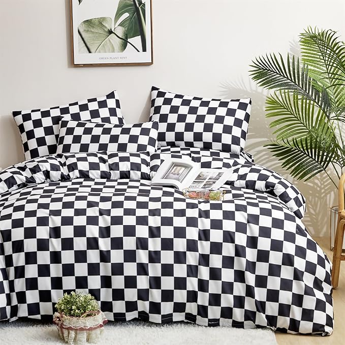 Pureant Black & White Plaid Comforter Set - King Size, Black & White Checkerboard Grid Bedding, Soft Modern Black Buffalo Grid Comforter, Boho Checkered Quilts