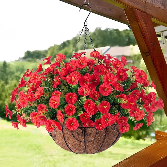 Artificial Fake Hanging Flowers Plants Baskets for Outdoor Decoration, Faux Silk Red Morning Glory in Planter Look Real UV Resistant Artificial Flower for Outside Porch Patio Garden Yard Home Decor