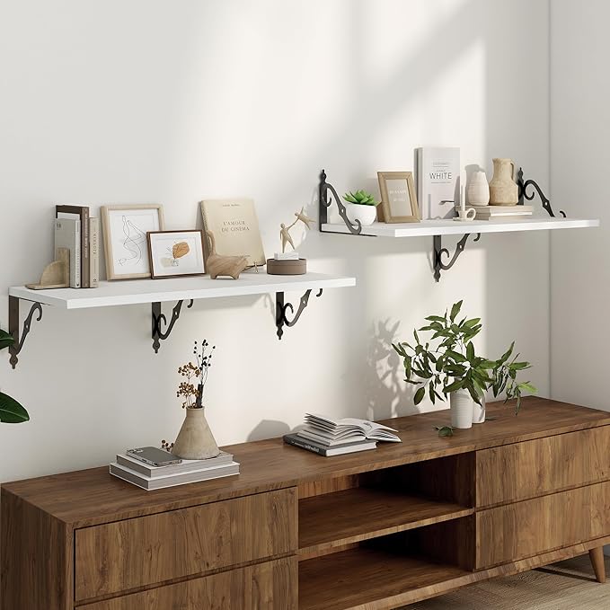 White Floating Shelves for Wall, 32"W x 8"D Wall Shelves, 12 Inch Deep Floating Shelf with Bracket, 32 Inch Floating shelves Set of 2, Rustic Shelves for Living Room, Bathroom and Kitchen, White