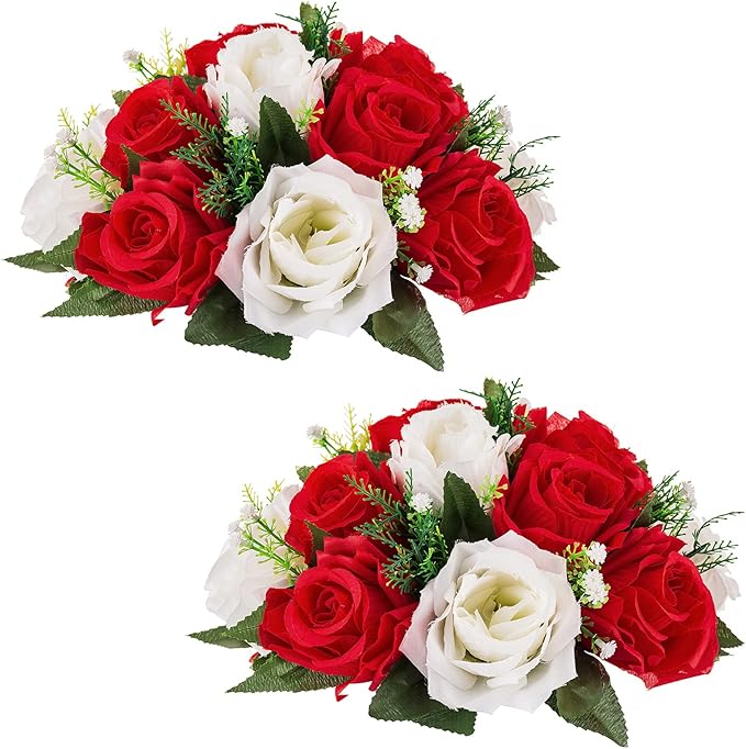 NUPTIO Pcs of 2 Fake Flower Ball Arrangement Bouquet,15 Heads Plastic Roses with Base, Suitable for Our Store's Wedding Centerpiece Flower Rack for Parties Valentine's Day Home Décor (Red & White)