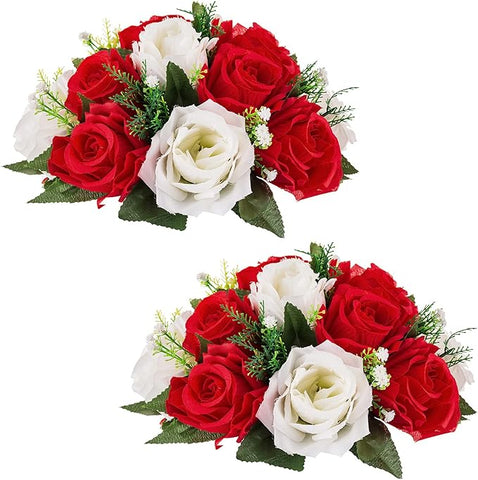 NUPTIO Pcs of 2 Fake Flower Ball Arrangement Bouquet,15 Heads Plastic Roses with Base, Suitable for Our Store's Wedding Centerpiece Flower Rack for Parties Valentine's Day Home Décor (Red & White)