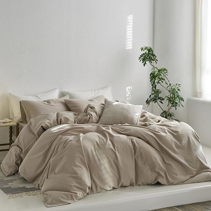 MooMee Twin Duvet Cover Set, 100% Washed Cotton Linen Like Twill Thick Sturdy Material Super Soft Breathable Durable Bedding for All Season, 2 Pieces (Tannish Linen LikeGrey, Twin 68"x90")