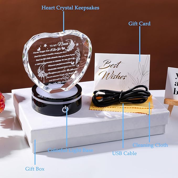 YWHL Niece Gifts from Auntie Uncle Heart Crystal Inspirational Graduation Gift for Niece with Colorful LED Base Unique Niece Gifts from Aunt on Birthday Christmas Valentine Day